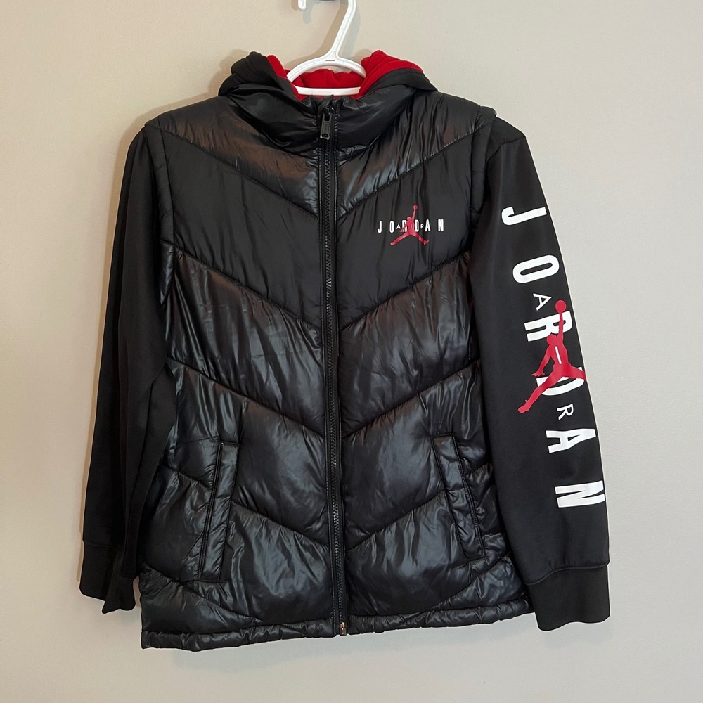 Jordan Boy Black Puffer Jacket Red Fleece Hooded Jumpman Coat Large 12-13Y Large